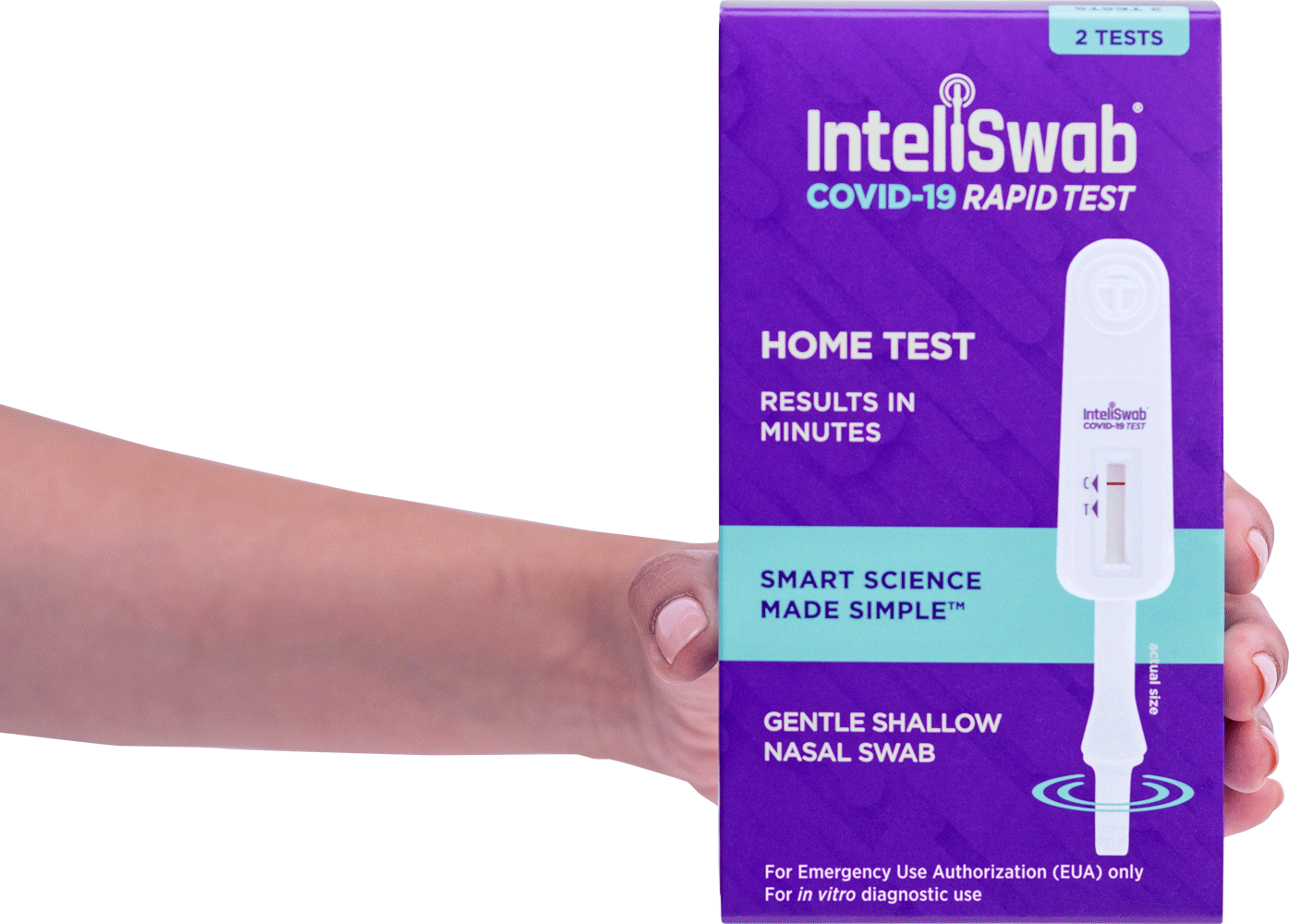 A hand holding an unopened box of InteliSwab COVID-19 Rapid Test